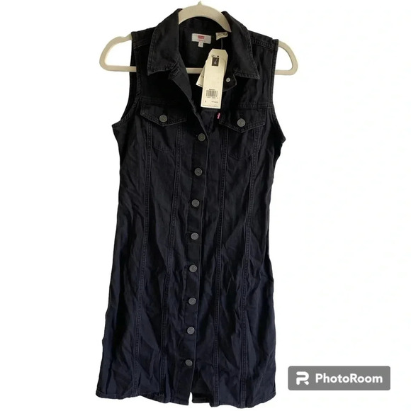 NWT LEVI'S BLACK Short 100% Cotton Collared Mini Dress Size S - Picture 4 of 12